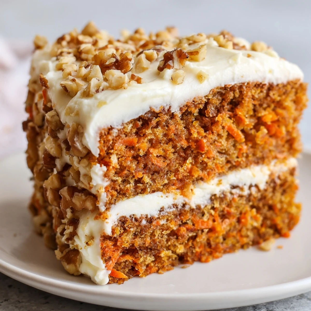 A slice of Easter Carrot Cake with Walnuts showcases moist, spiced layers and creamy frosting.  