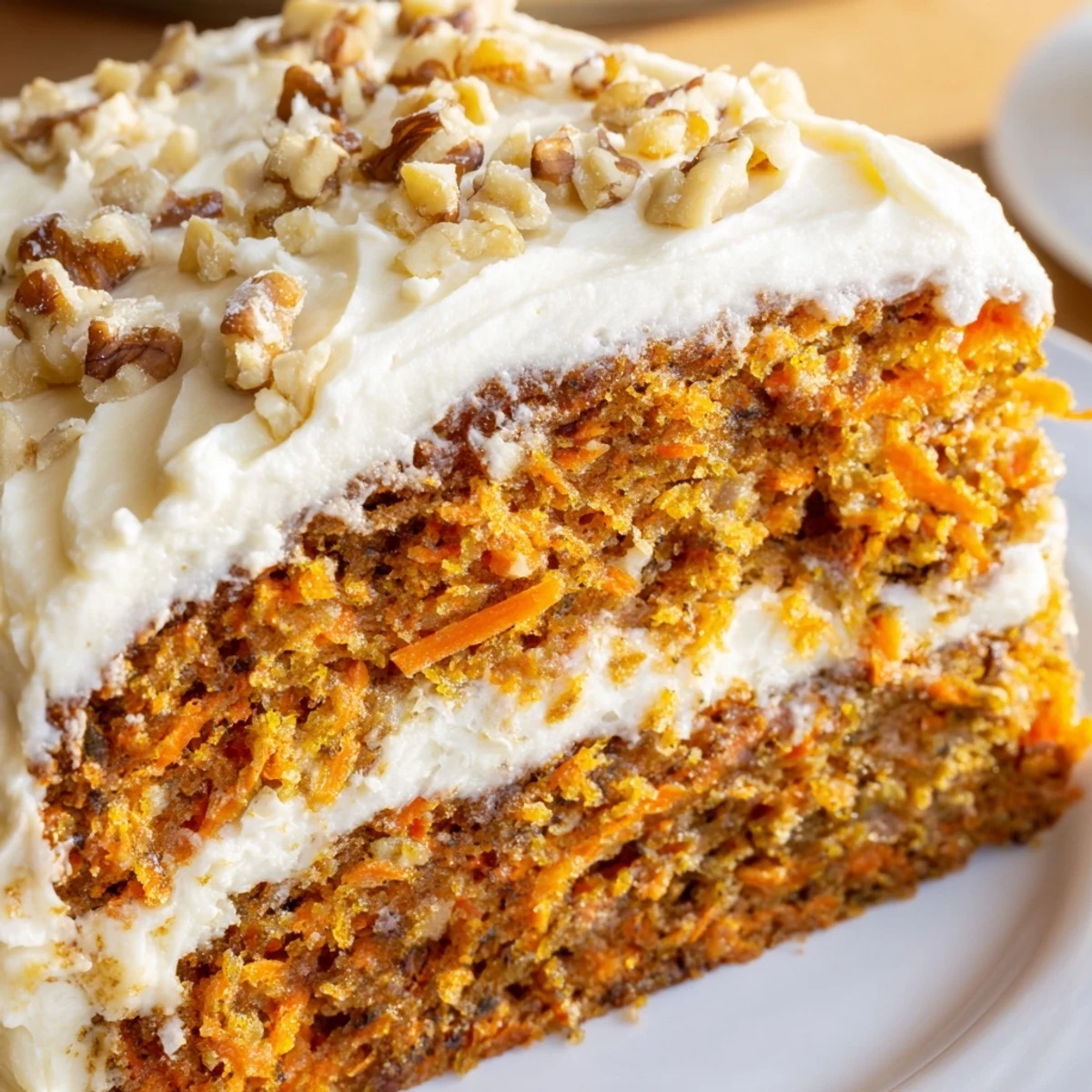 Frosted Easter Carrot Cake with Walnuts is served on a pastel plate, perfect for a holiday dessert spread.