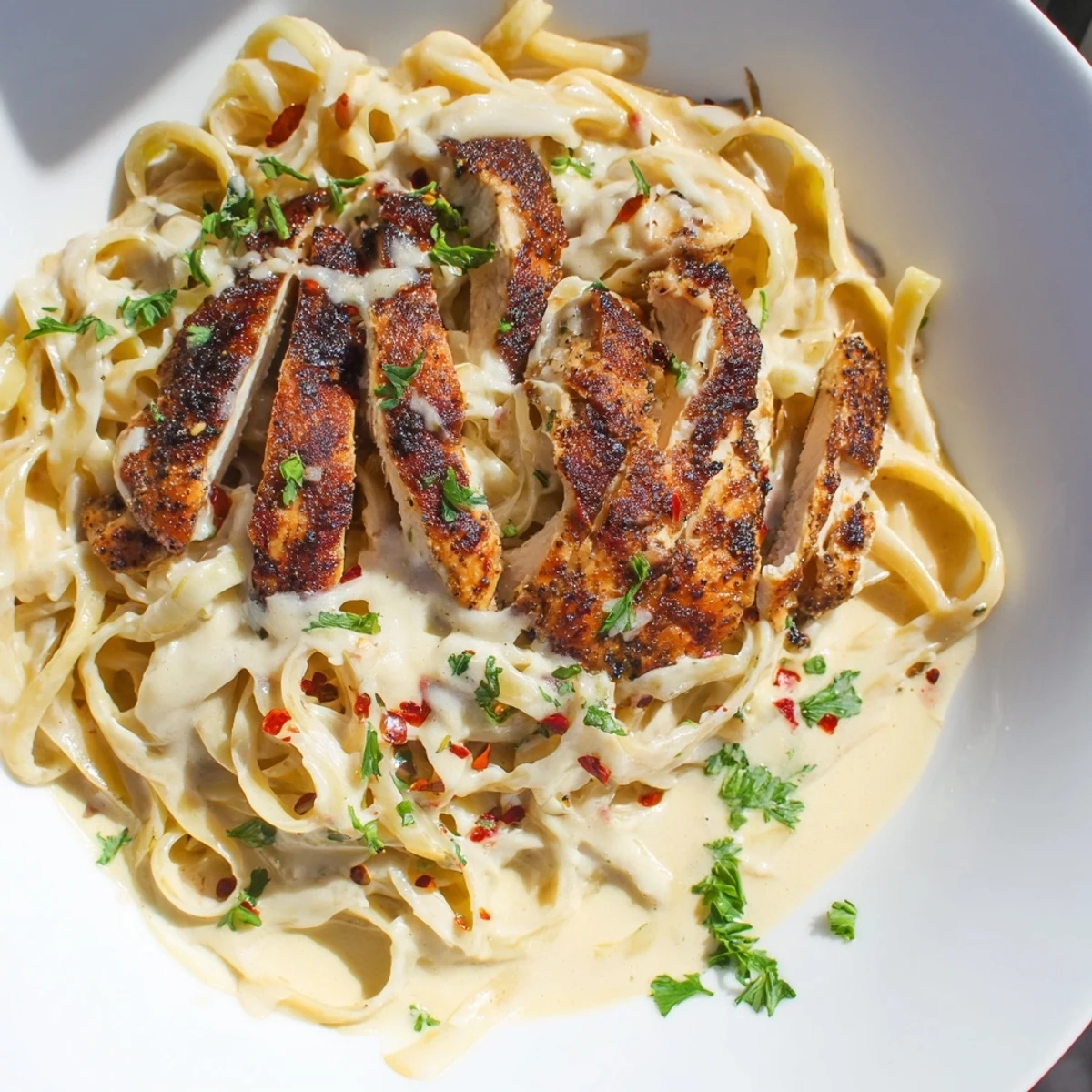 Sizzling blackened Cajun chicken rests over rich Alfredo pasta, blending spicy heat and creamy comfort for a satisfying, indulgent weeknight dinner.