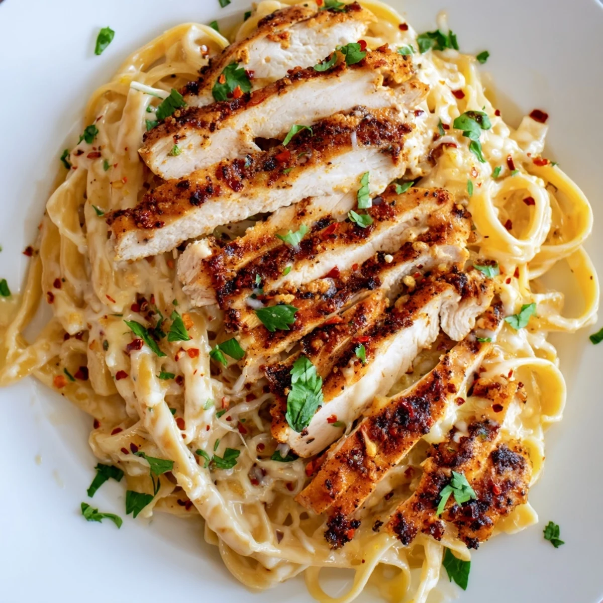 Creamy Cajun Blackened Chicken Alfredo fettuccine topped with seasoned, juicy sliced chicken breast, finished with fresh parsley and Parmesan cheese.