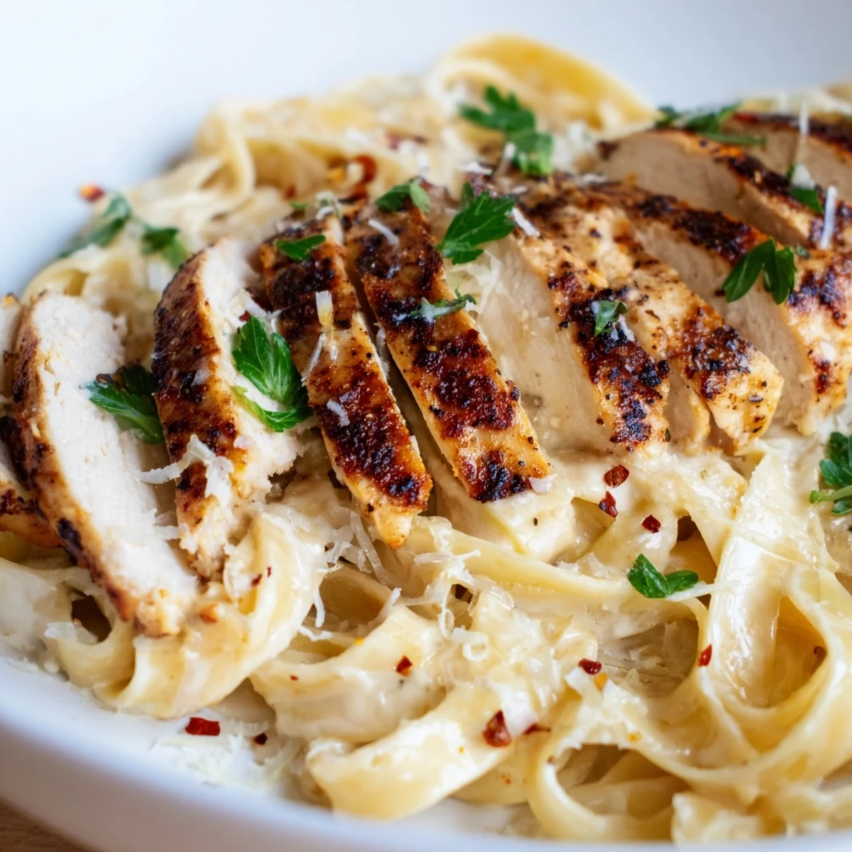 Sliced Cajun-spiced chicken breast nestled on garlicky fettuccine Alfredo, garnished with parsley and Parmesan, served hot for an aromatic, flavorful bite.