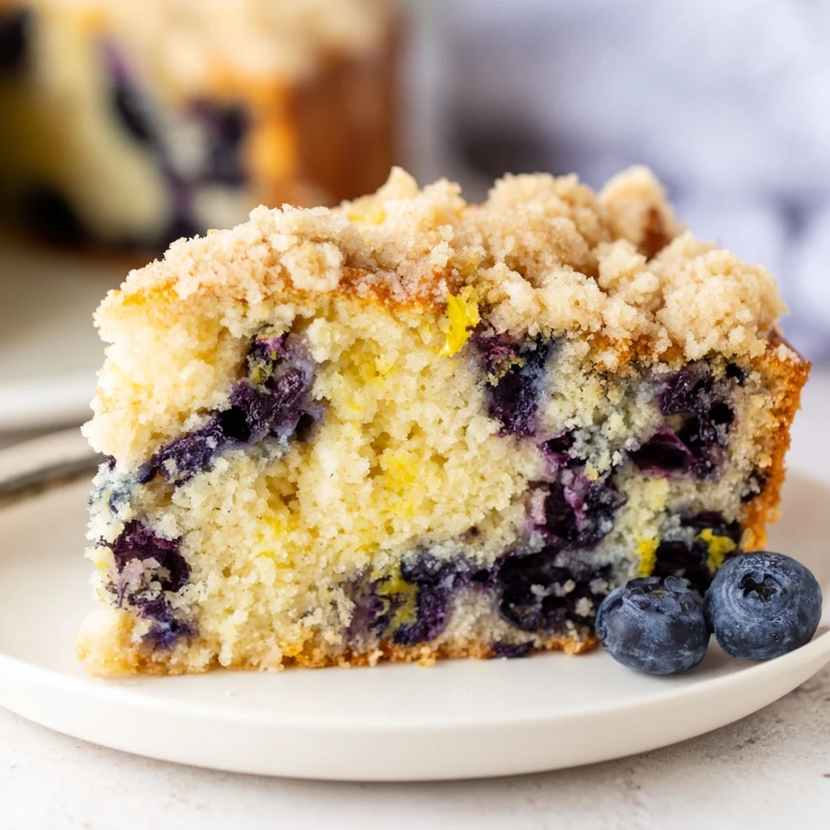 A freshly baked Lemon Blueberry Coffee Cake with golden, crumbly streusel topping and juicy blueberries peeking through the moist cake.