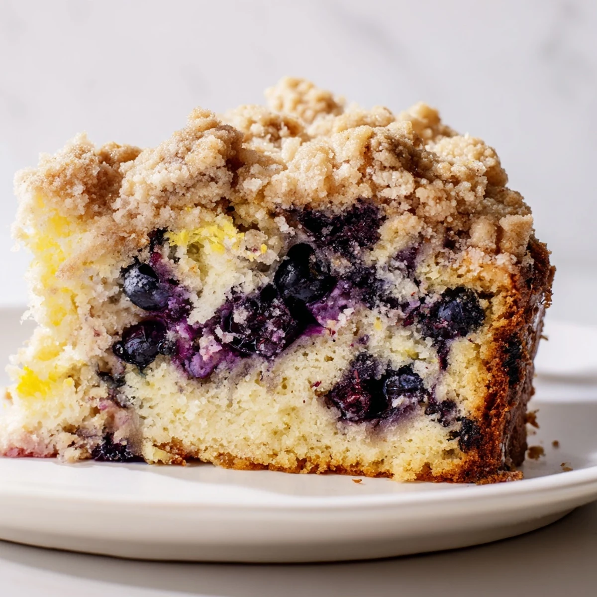 Slices of tender Lemon Blueberry Coffee Cake reveal vibrant blueberries and lemon zest, ready to be enjoyed with a cup of coffee.