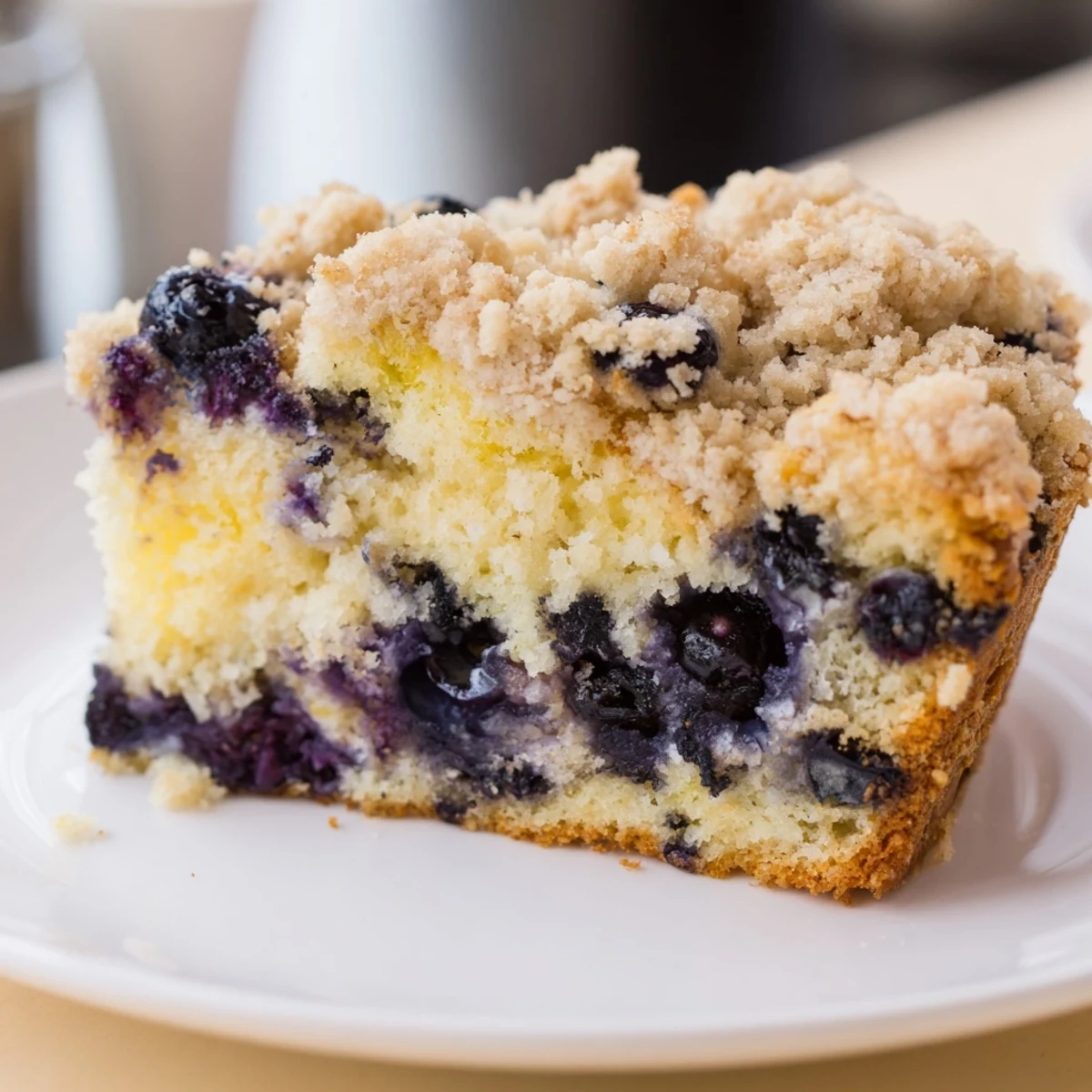 A whole round Lemon Blueberry Coffee Cake sits on a cooling rack, featuring a generous crumb topping and fresh lemon zest.