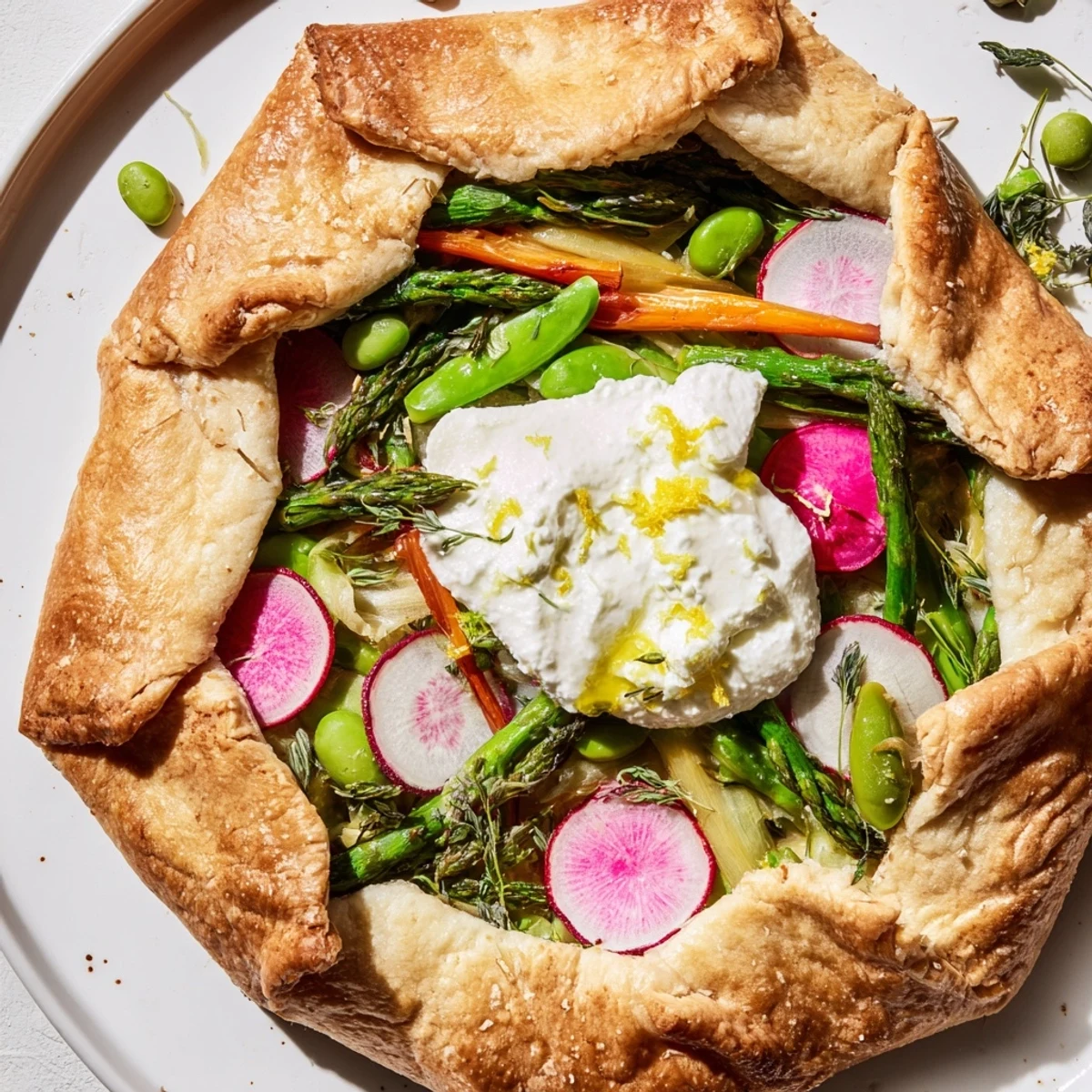 Freshly baked Spring Vegetable Galette with Goat Cheese, featuring a golden, flaky crust, vibrant asparagus, radishes, and creamy cheese filling.  