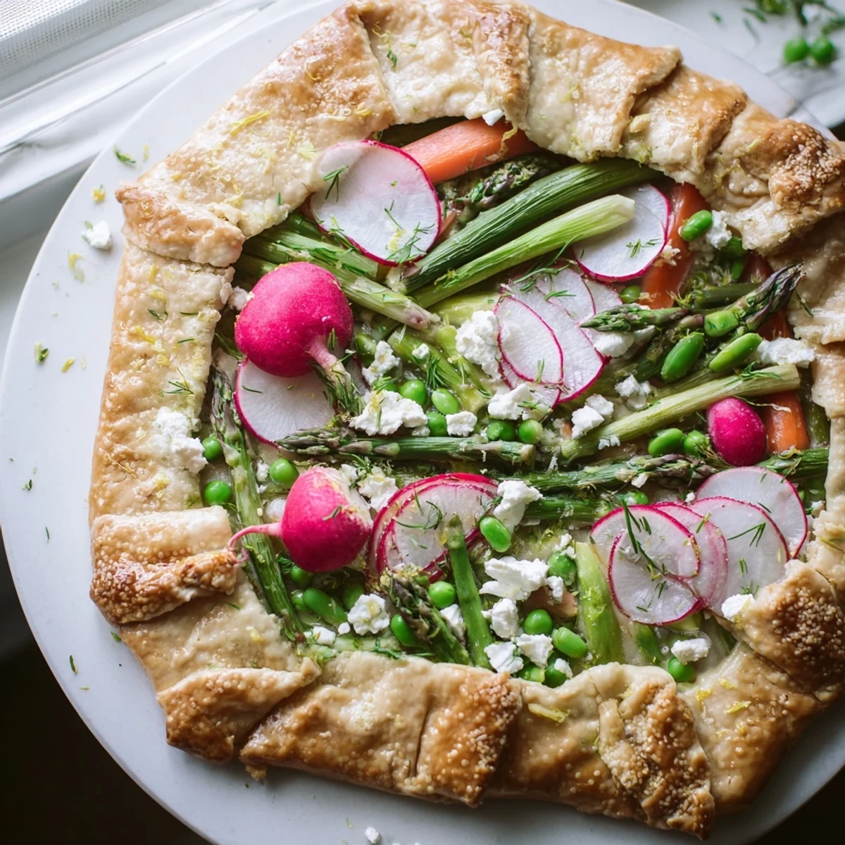 A rustic Spring Vegetable Galette with Goat Cheese, topped with tender spring veggies, golden crust, and served warm on a wooden board.  