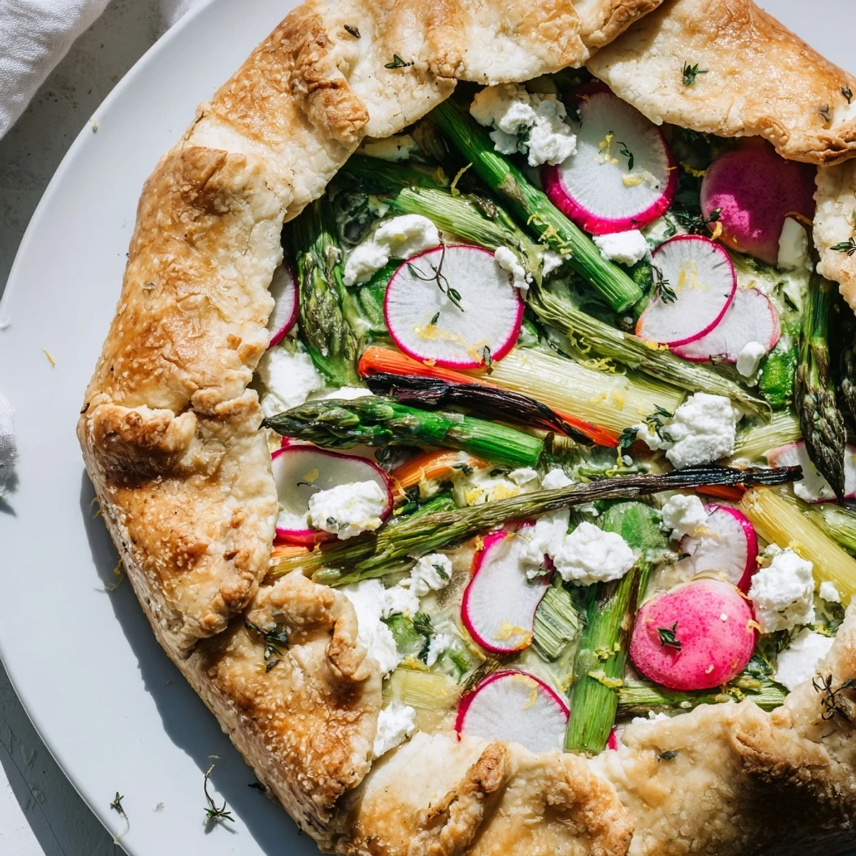 Close-up of a savory Spring Vegetable Galette with Goat Cheese, revealing melted cheese and colorful sautéed vegetables inside a buttery pastry.