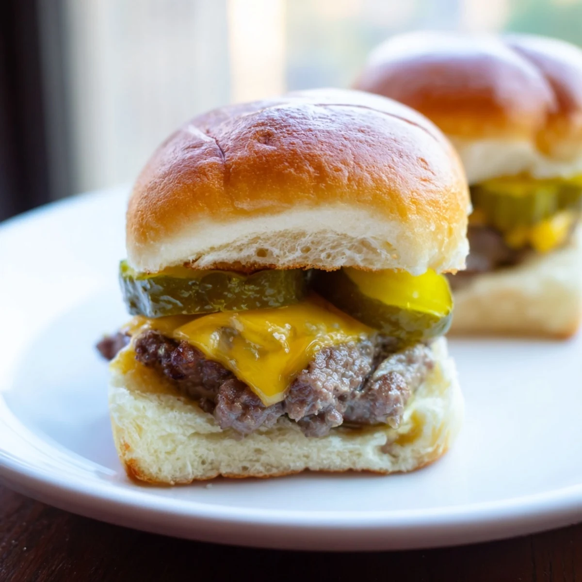 Juicy beef sliders with melted cheddar cheese and tangy dill pickles stacked on toasted, buttery mini buns.