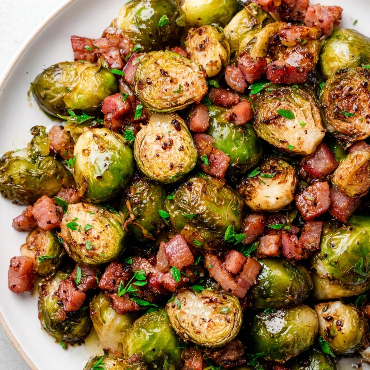 Golden roasted Brussels sprouts topped with crispy beef bacon, garnished with fresh parsley and drizzled with balsamic glaze.