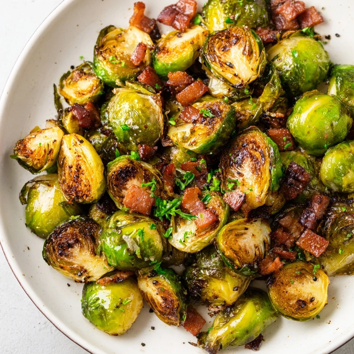 Savory beef bacon sizzling over roasted Brussels sprouts, creating a colorful and gluten-free side dish for dinner.