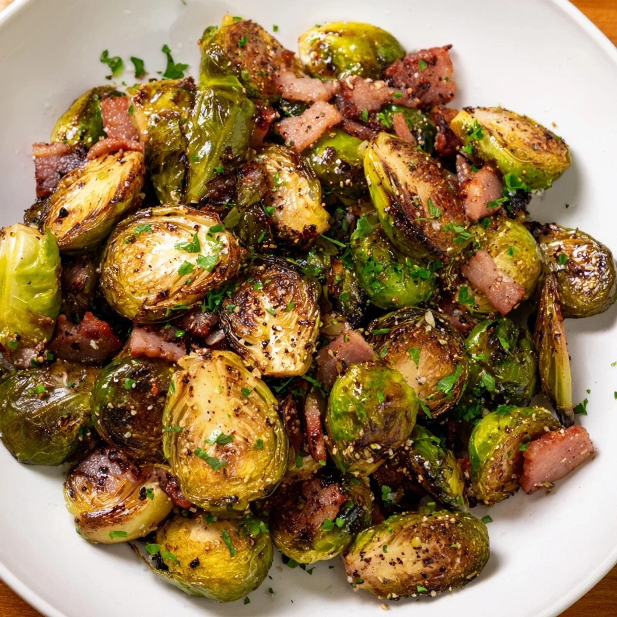 Close-up of crispy roasted Brussels sprouts with beef bacon, served warm as a flavorful American appetizer.