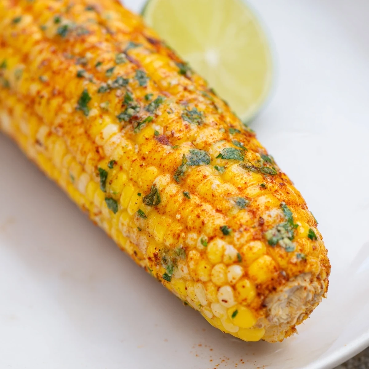Tender ears of Cajun Spiced Roasted Corn on the Cob are charred and served hot with fresh parsley garnish.