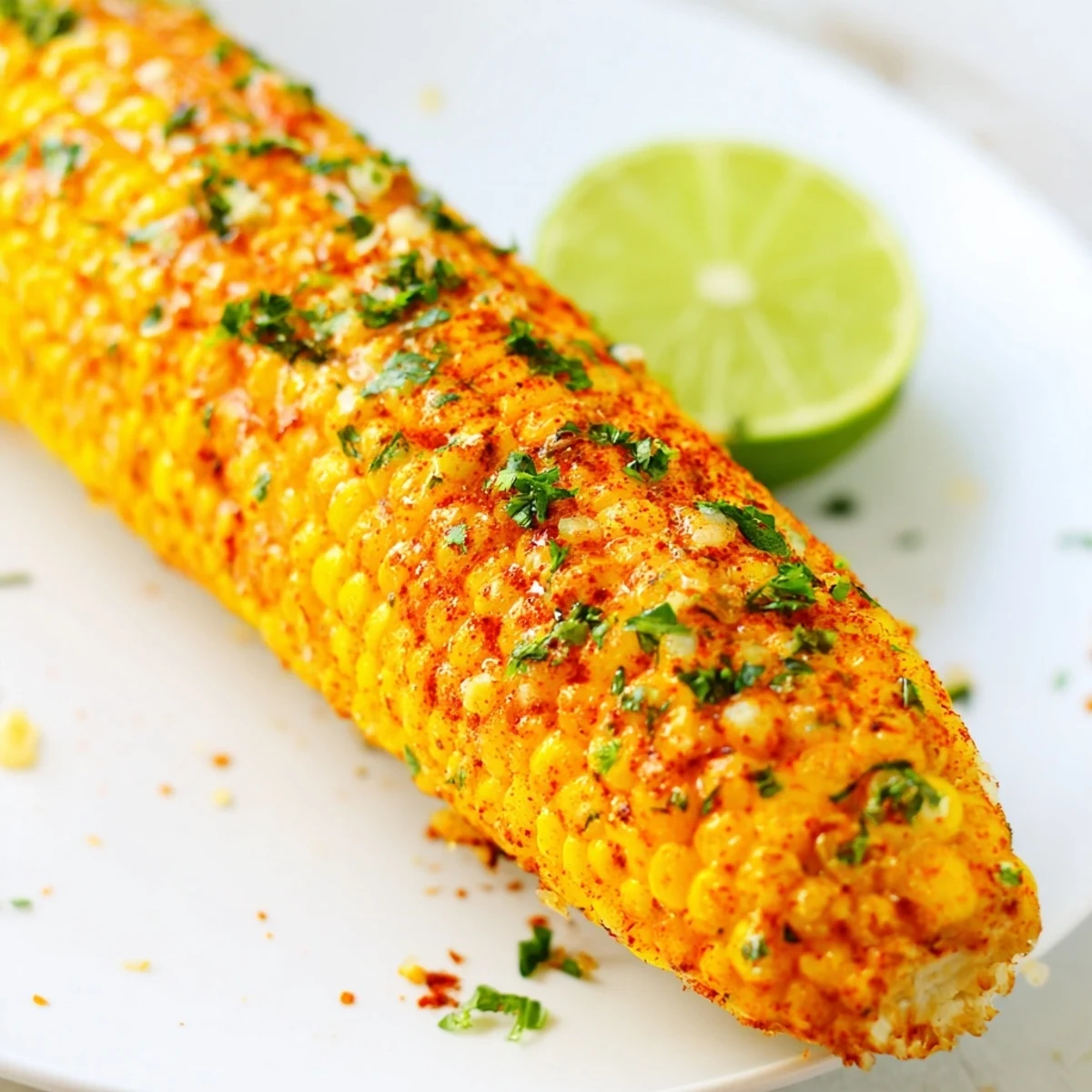 Golden roasted Cajun Spiced Roasted Corn on the Cob glistening with butter and lime wedges on a rustic wooden table.