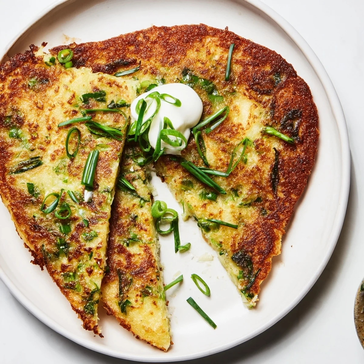 Golden-brown Irish Boxty Potato Pancakes with Scallions sizzling in a skillet, with crispy edges and a tender, fluffy interior. 