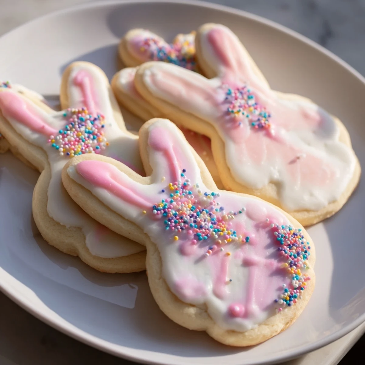 A close-up of Easter Bunny Sugar Cookies shows smooth white icing and colorful sugar decorations on a cooling rack.
