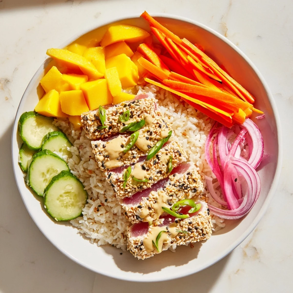 Vibrant Spicy Tuna Poke Bowl with Mango features marinated tuna, creamy sauce, and crisp veggies over sushi rice.