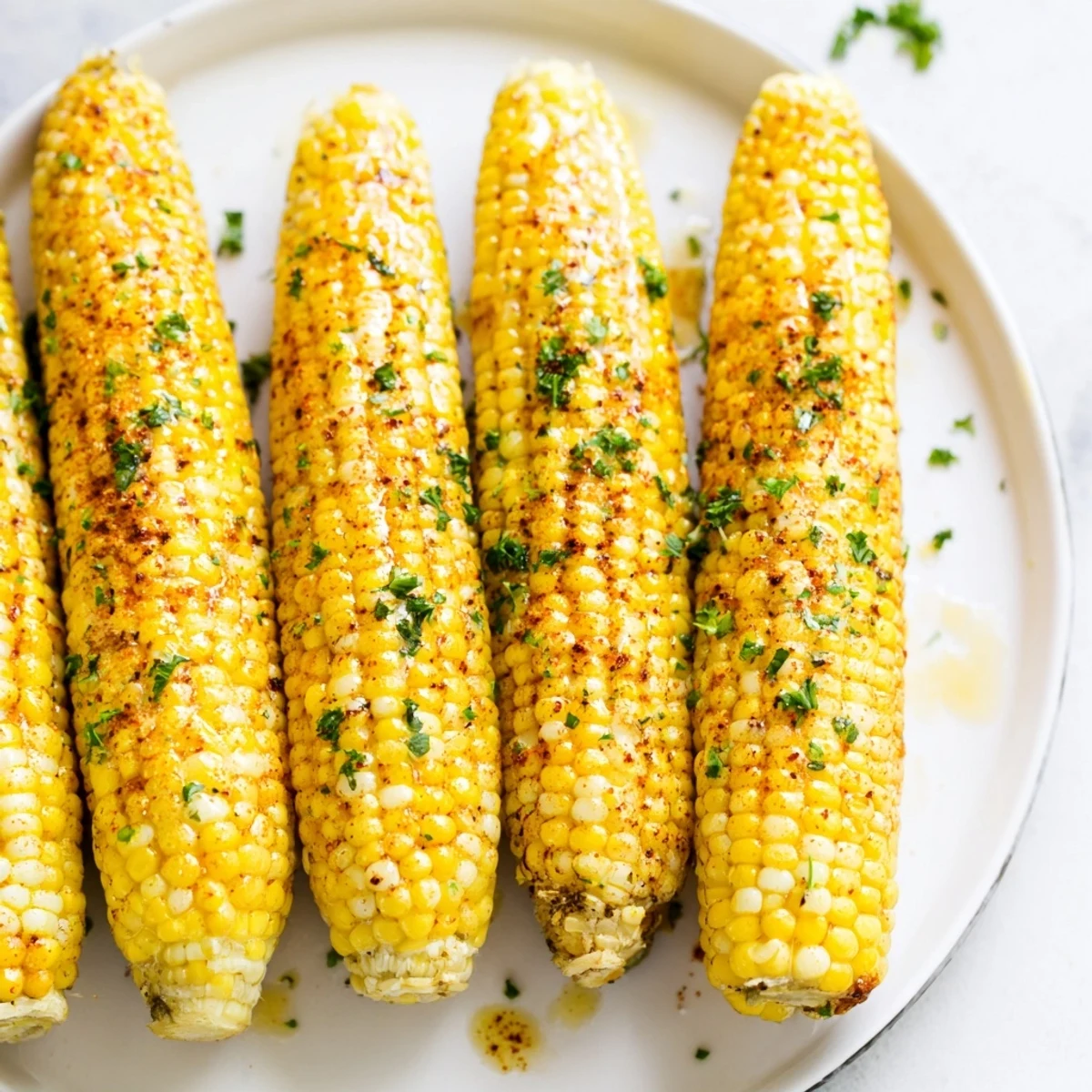 Golden ears of Cajun Spiced Roasted Corn on the Cob glistening with smoky butter, served with lime wedges.