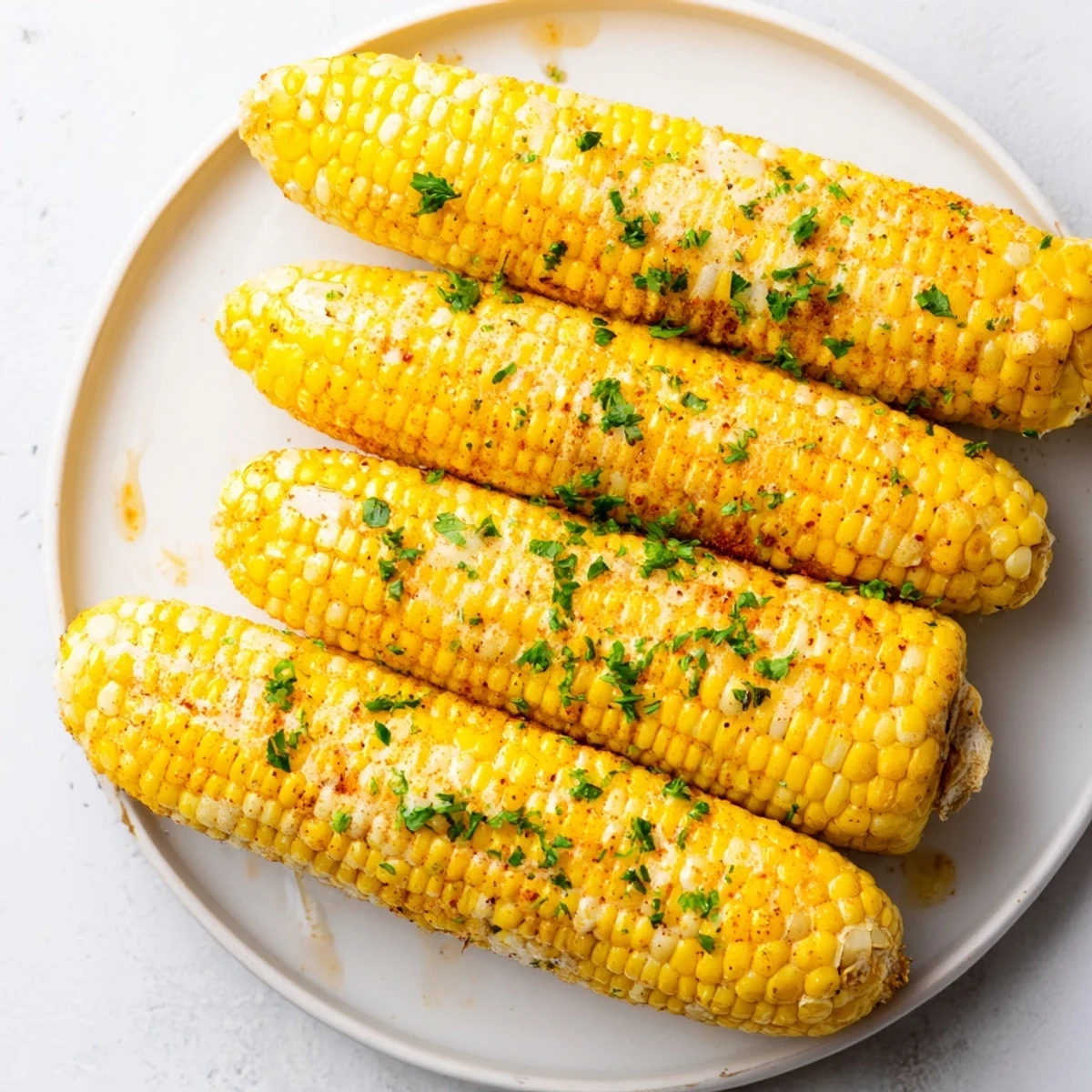 Cajun Spiced Roasted Corn on the Cob with charred kernels and fresh parsley garnish on a rustic plate.