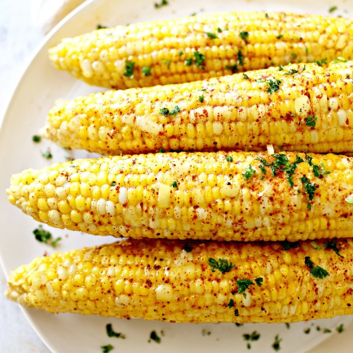 Spicy and sweet Cajun Spiced Roasted Corn on the Cob alongside a cold beverage on a sunny picnic table.