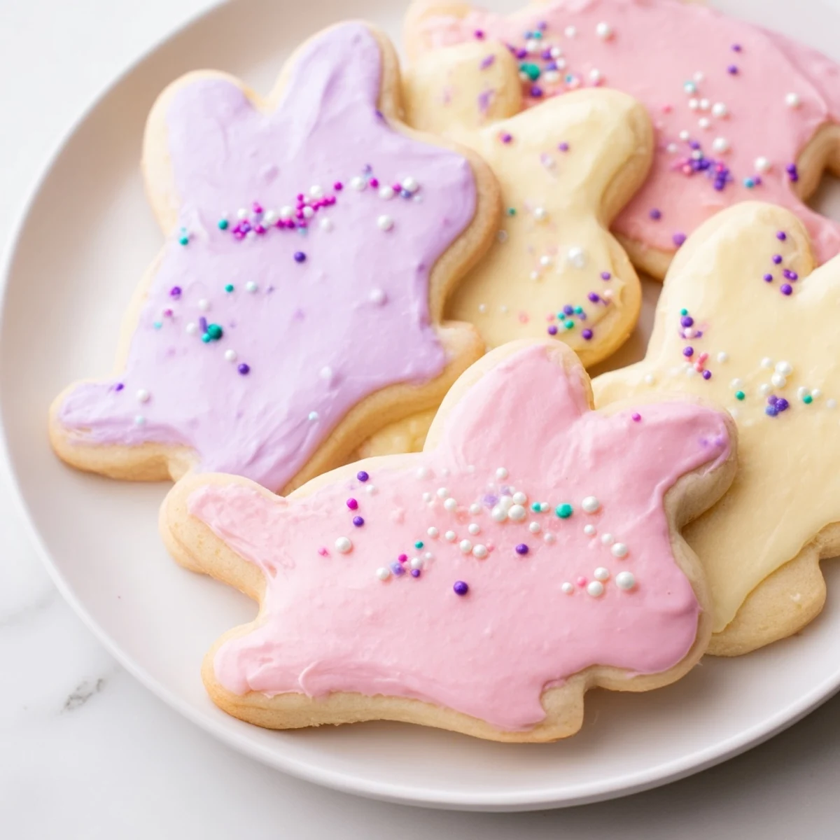 Golden-brown Easter Bunny Sugar Cookies with pastel royal icing and edible pearls sit on a cooling rack.
