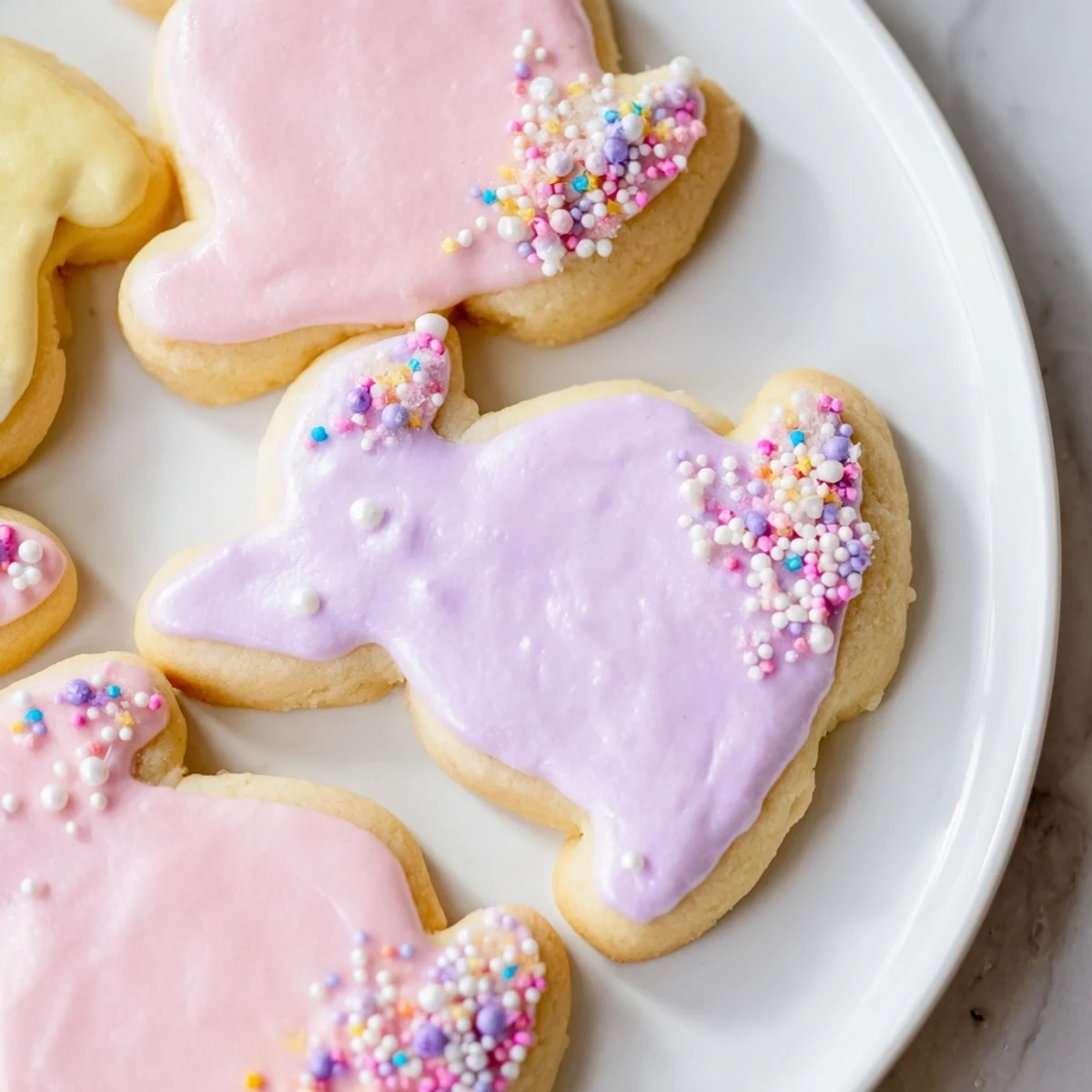 A close-up view of Easter Bunny Sugar Cookies decorated with colorful royal icing and sanding sugar.