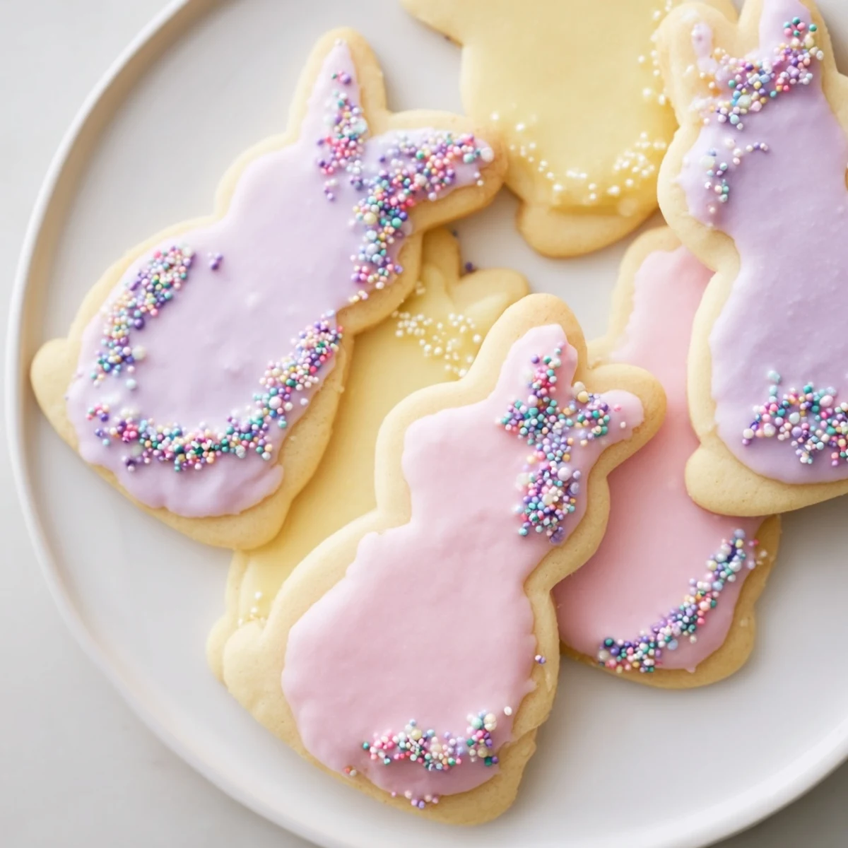 Easter Bunny Sugar Cookies displayed on a spring table with bunny shapes and vibrant icing details.