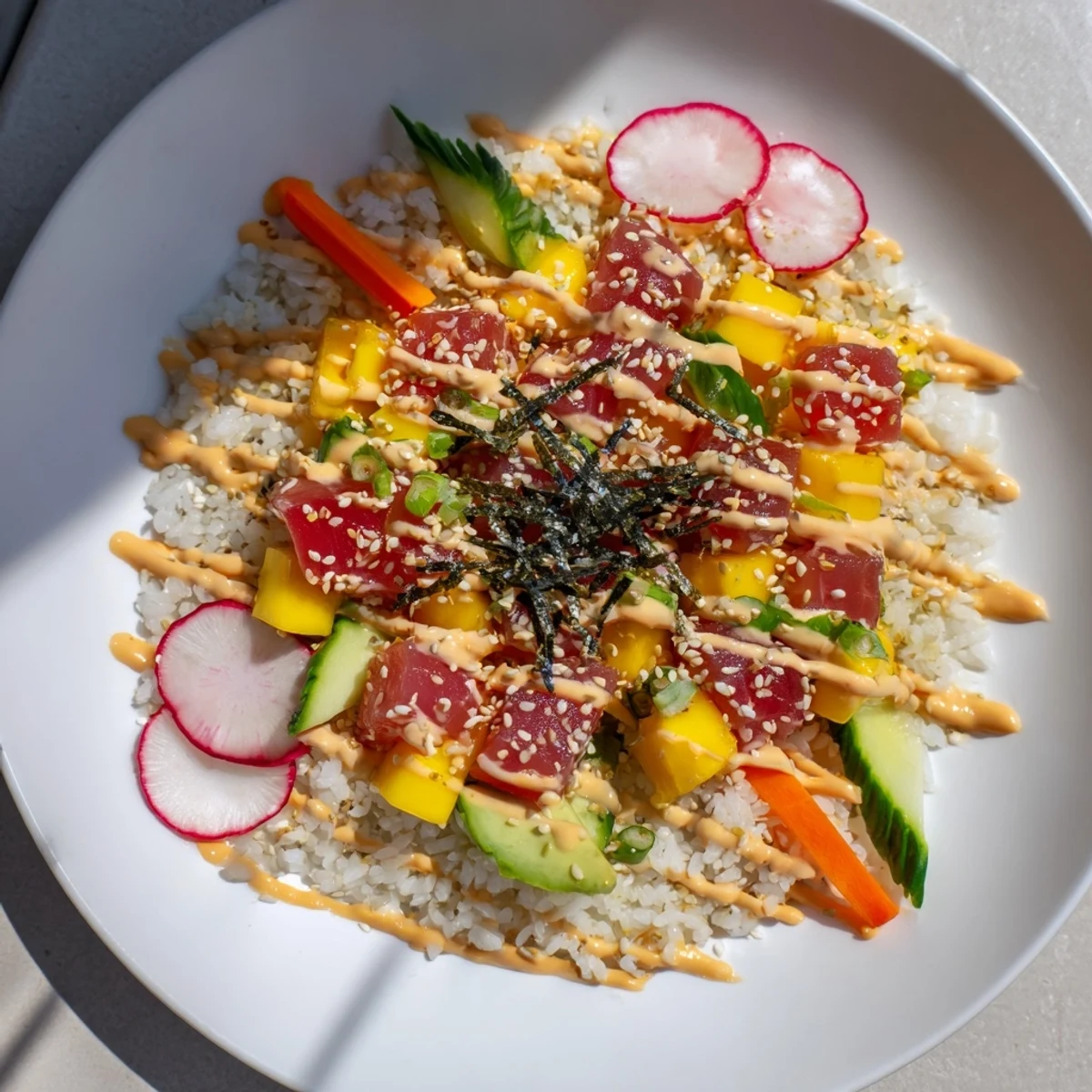 Fresh diced mango and creamy avocado top a vibrant Spicy Tuna Poke Bowl with seasoned rice and crisp veggies.