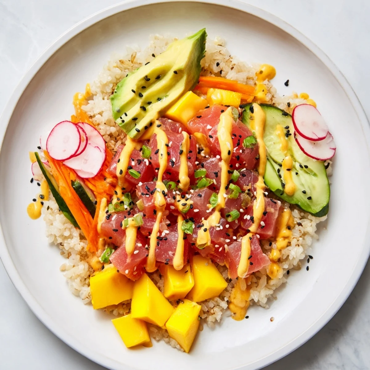 A close-up of a colorful Spicy Tuna Poke Bowl featuring spicy tuna, mango, and avocado on a white plate.