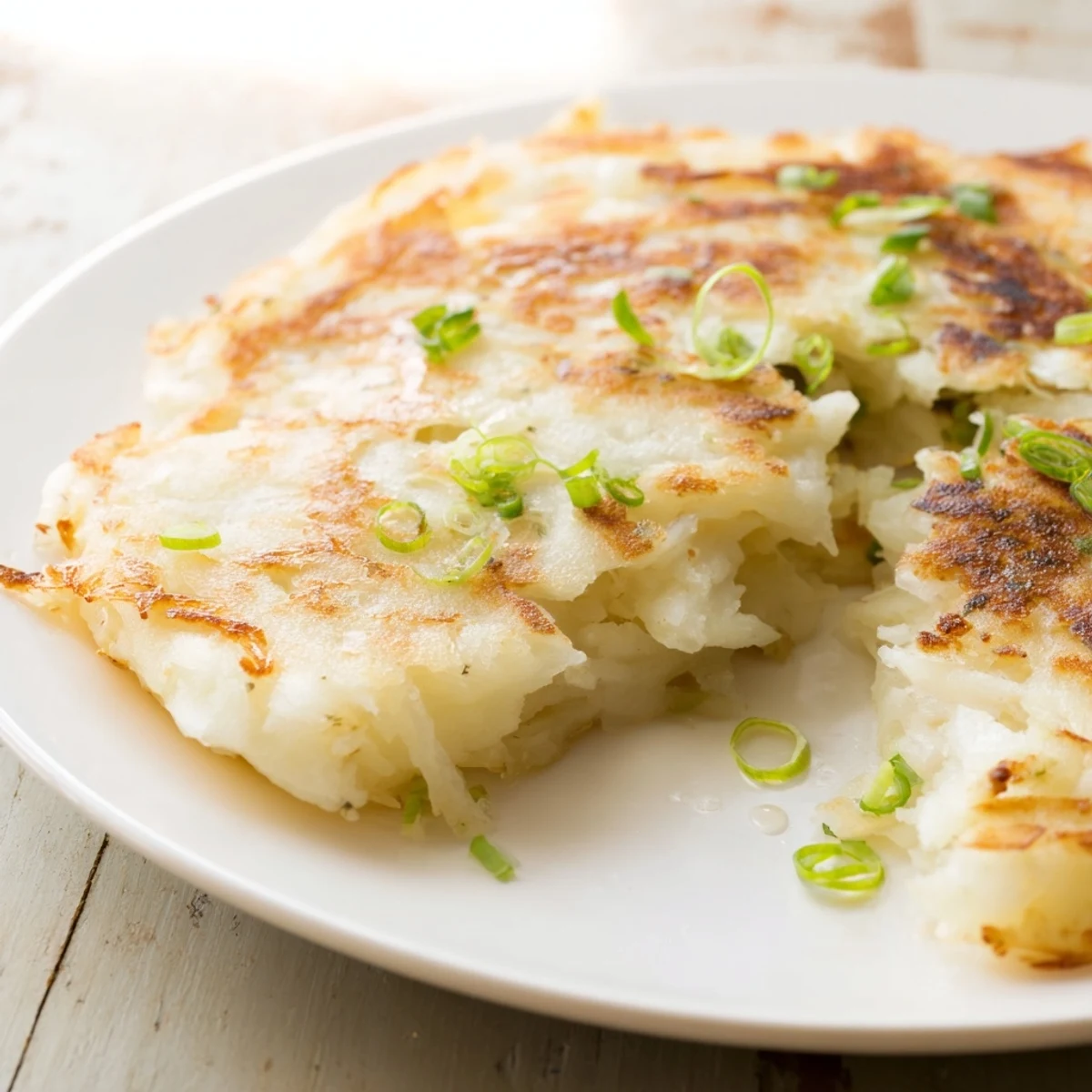Golden brown Irish Boxty Potato Pancakes with Scallions sizzling in a skillet, garnished with fresh green onions for a savory breakfast.