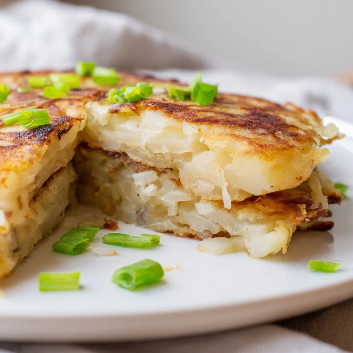 Homemade Irish Boxty Potato Pancakes with Scallions resting on a paper towel, showcasing their fluffy interior and crunchy edges.