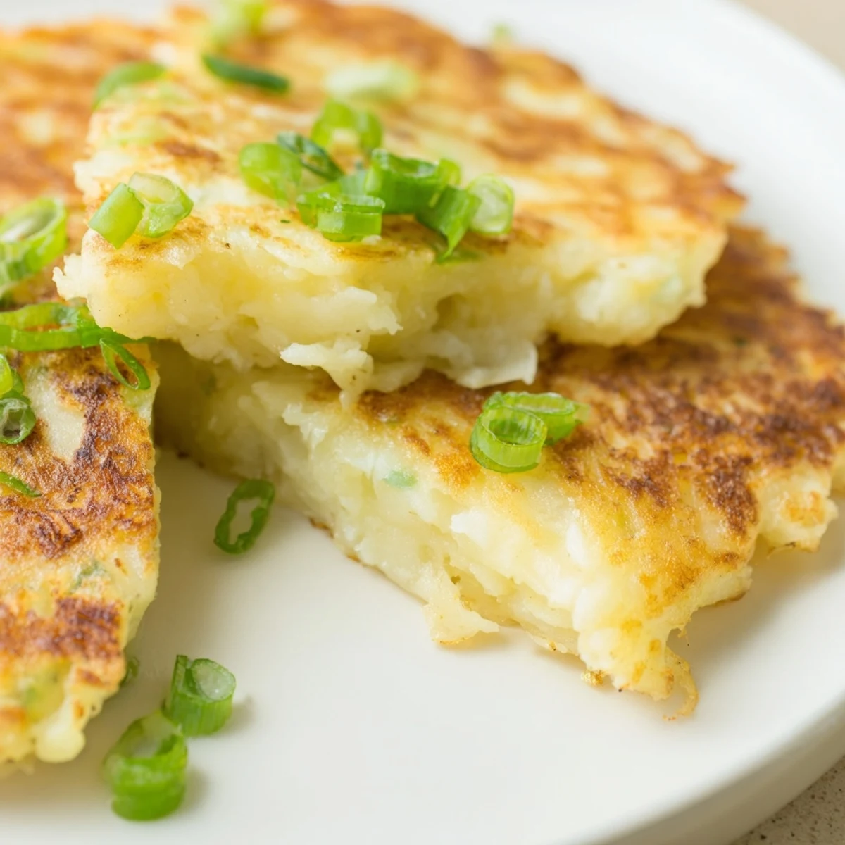 A close-up of crispy Irish Boxty Potato Pancakes with Scallions served on a white plate with a dollop of sour cream.
