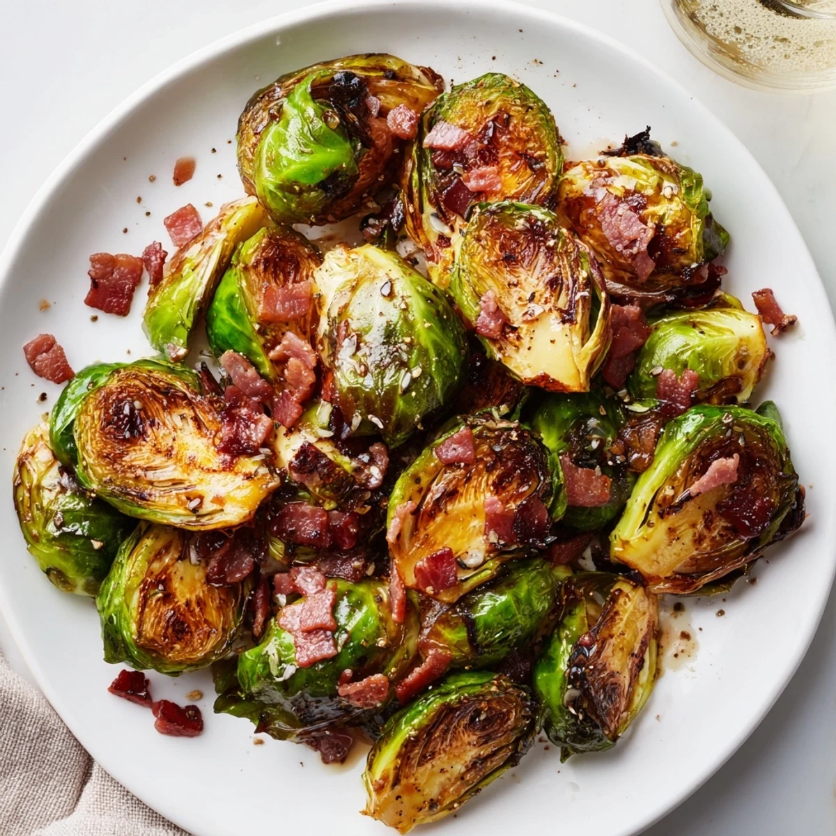 Golden roasted Brussels sprouts with crispy beef bacon and a drizzle of balsamic glaze on a white plate.  