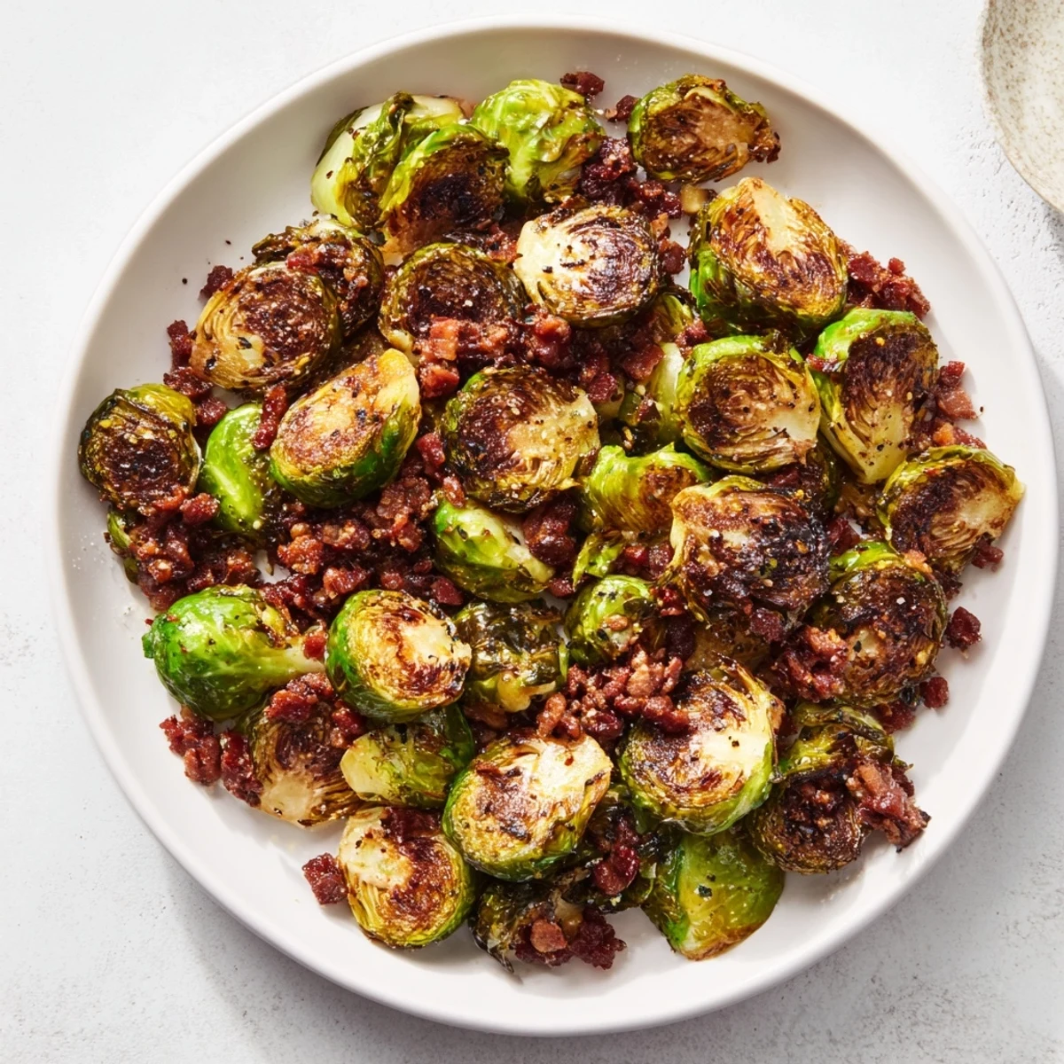 Roasted Brussels Sprouts with Beef Bacon garnished with herbs on a rustic wooden table, perfect for dinner.