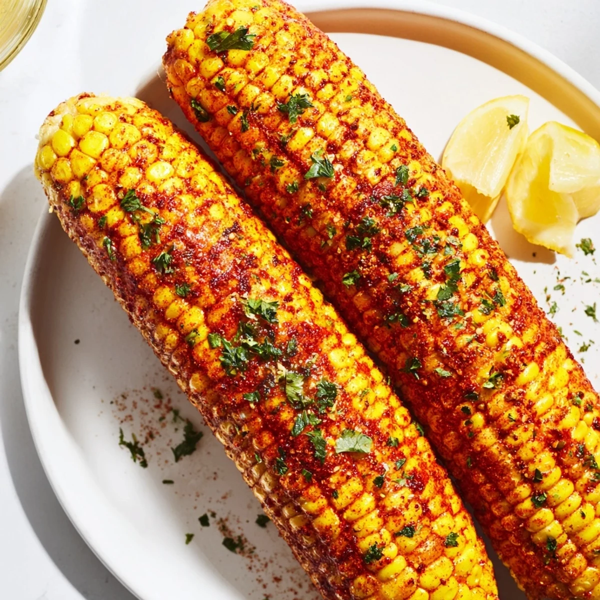Juicy corn cobs glisten with smoky Cajun spice blend, a perfect vegetarian side dish ready for a backyard barbecue in the American South.