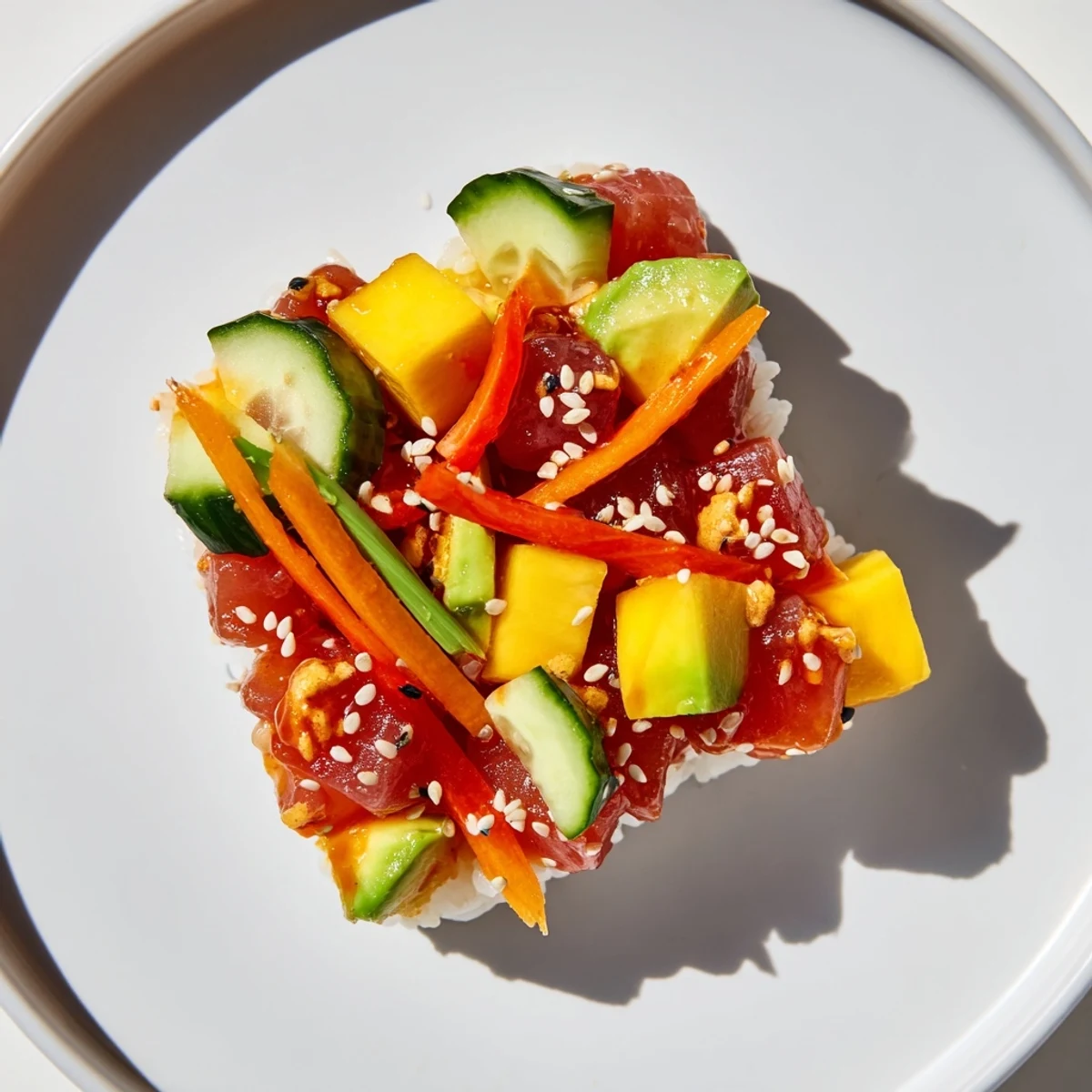 Bright, colorful bowl of Spicy Tuna Poke Bowl with Mango and Avocado, featuring diced tuna, creamy avocado, and sweet mango over sushi rice.