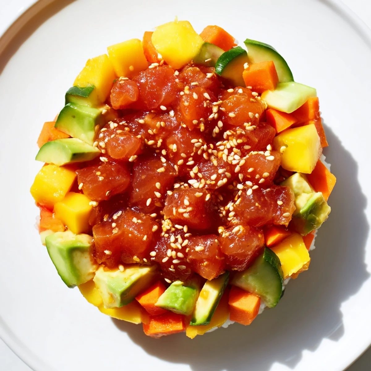 Overhead shot of a vibrant Spicy Tuna Poke Bowl with Mango and Avocado, served in a ceramic bowl with chopsticks resting beside it.