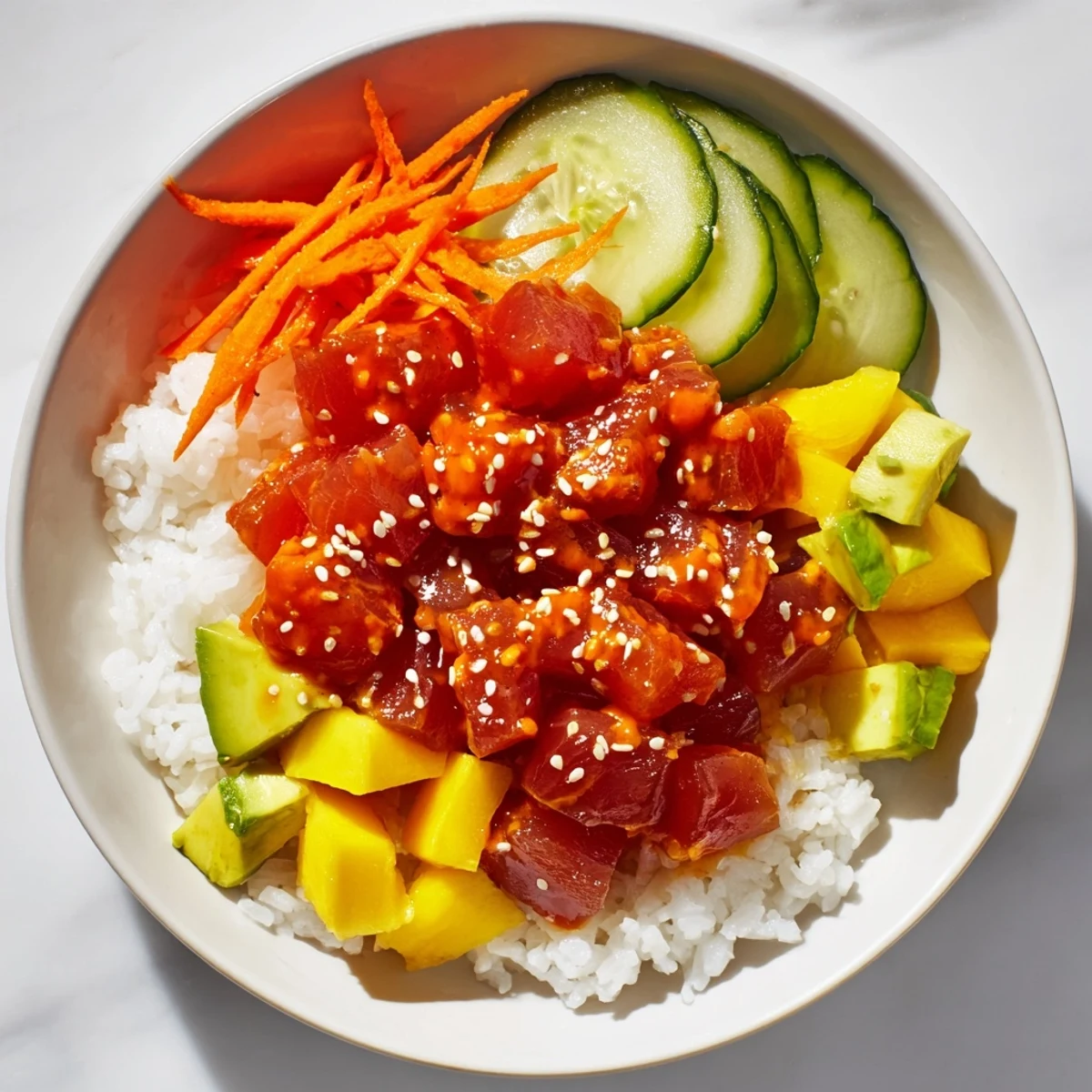 Close-up view of a fresh Spicy Tuna Poke Bowl with Mango and Avocado, topped with green onions, sesame seeds, and a drizzle of Sriracha sauce.