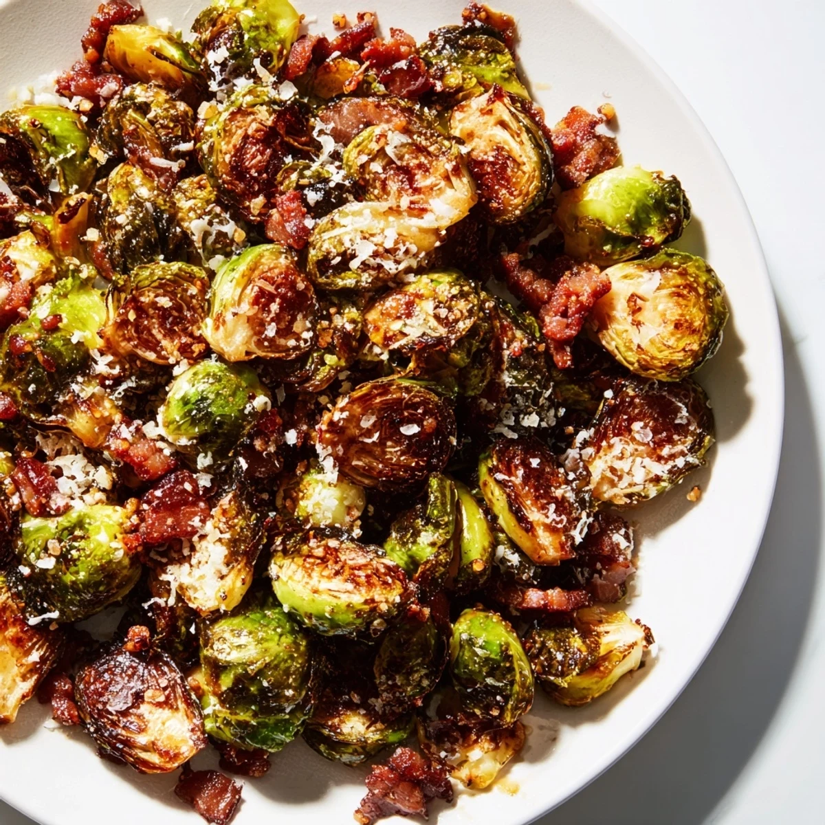 Golden roasted Brussels sprouts with crispy beef bacon, topped with balsamic glaze and Parmesan, served hot from the oven.