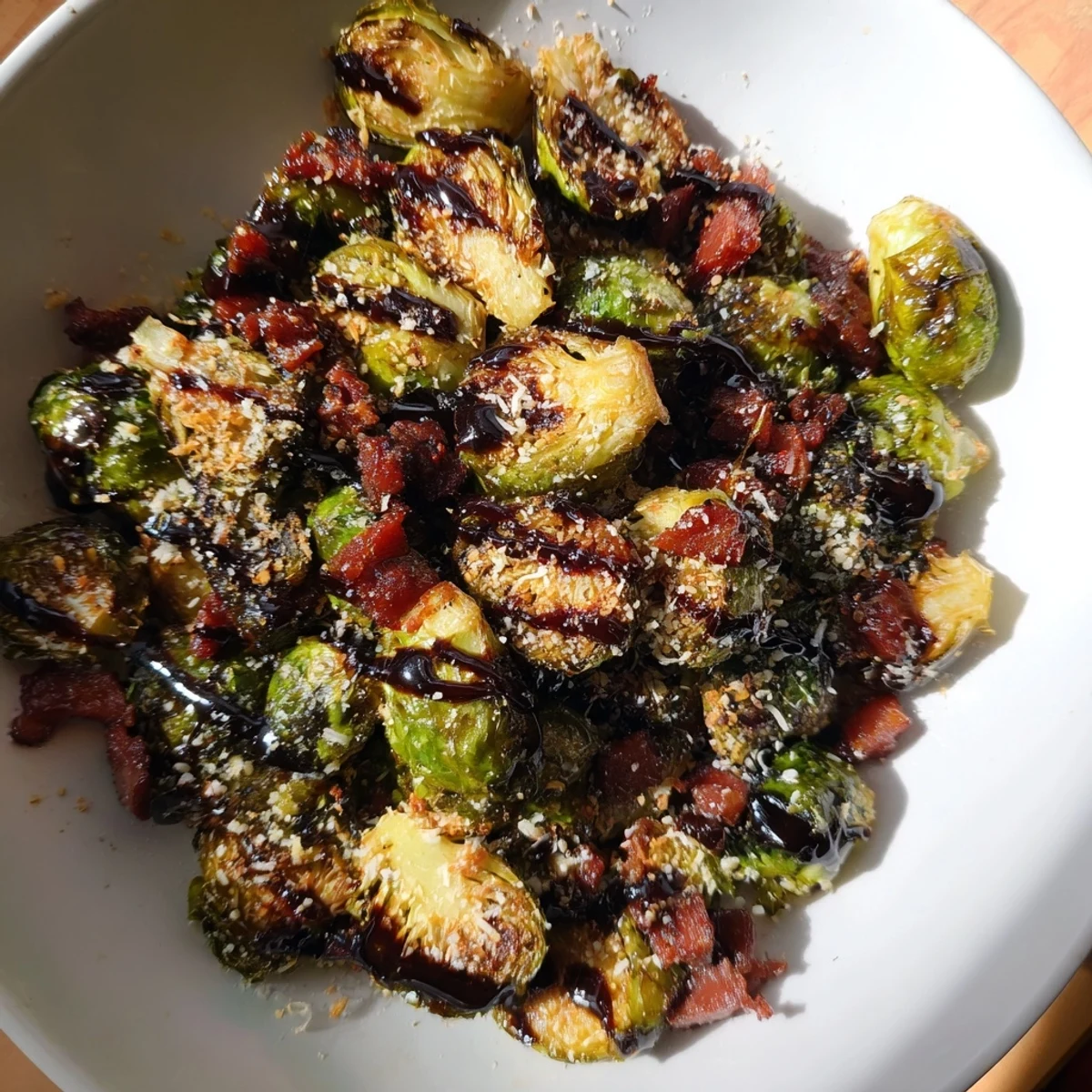 Roasted Brussels sprouts with savory beef bacon, garnished with Parmesan and balsamic, presented in a rustic serving dish.