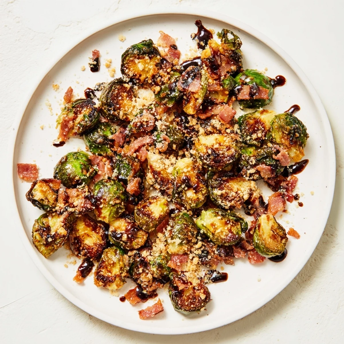 A close-up of roasted Brussels sprouts mixed with crispy beef bacon and a drizzle of balsamic glaze, ready to serve.