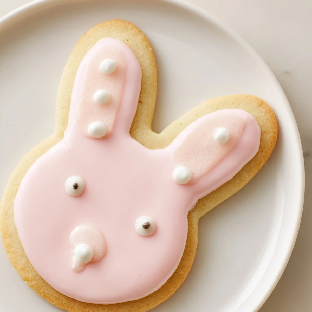 Freshly baked Easter Bunny Sugar Cookies with royal icing displayed on a pastel plate beside tea.