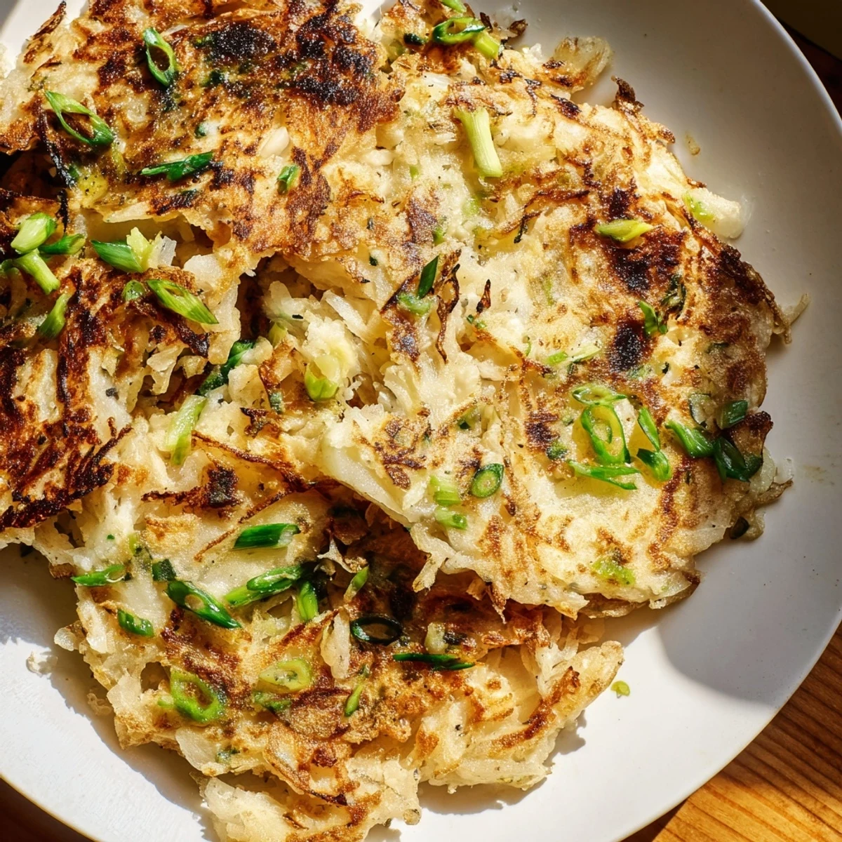 Golden-brown Irish Boxty Potato Pancakes with Scallions sizzle in a skillet, showing crispy edges and tender centers studded with fresh green scallions.