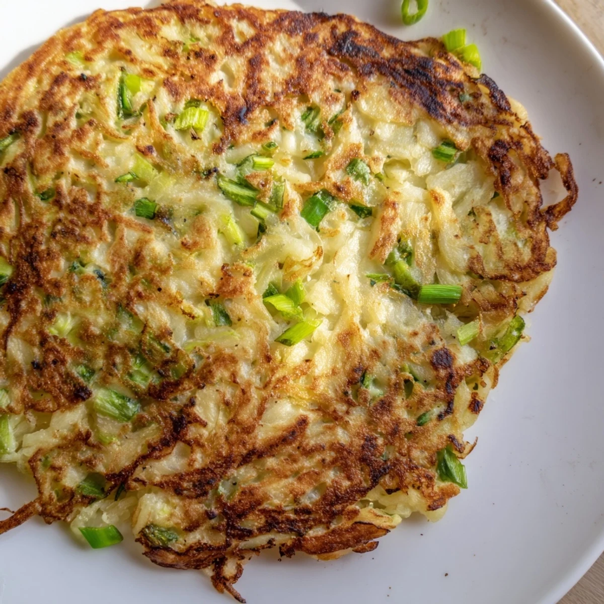 A close-up of Irish Boxty Potato Pancakes with Scallions served on a white plate with a dollop of sour cream and smoked salmon on the side.