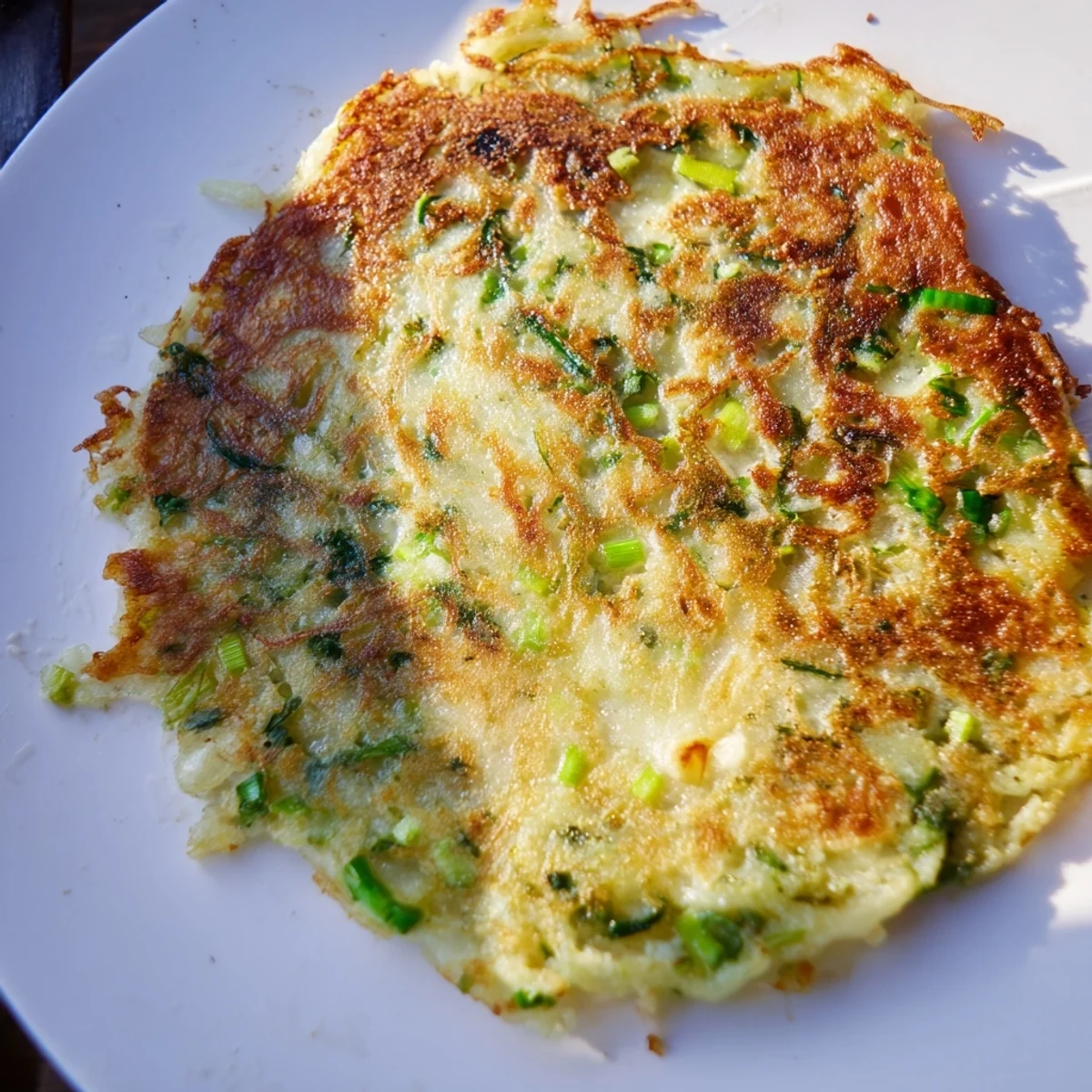 Overhead view of Irish Boxty Potato Pancakes with Scallions arranged on a rustic wooden board, garnished with extra sliced scallions and a light dusting of pepper.