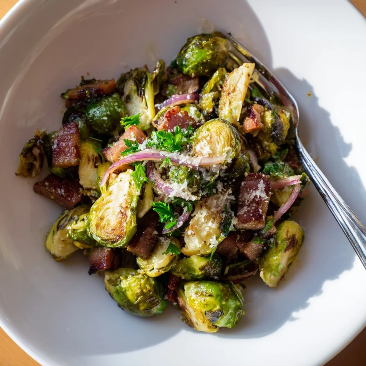 Roasted Brussels Sprouts with Beef Bacon glows golden from the oven, with crispy beef bacon pieces nestled among caramelized sprouts and red onion slices.