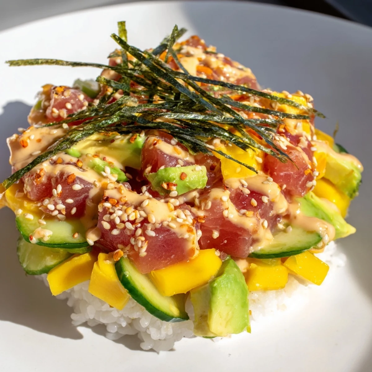 A close-up of a spicy tuna poke bowl with mango, featuring diced tuna and creamy avocado on sushi rice with crisp vegetables.