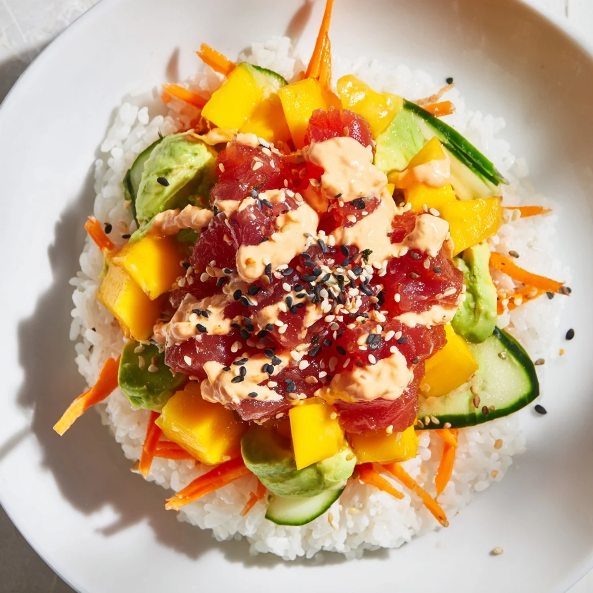 A colorful serving of spicy tuna poke bowl with mango, topped with mango chunks, sesame seeds, and a drizzle of zesty dressing.