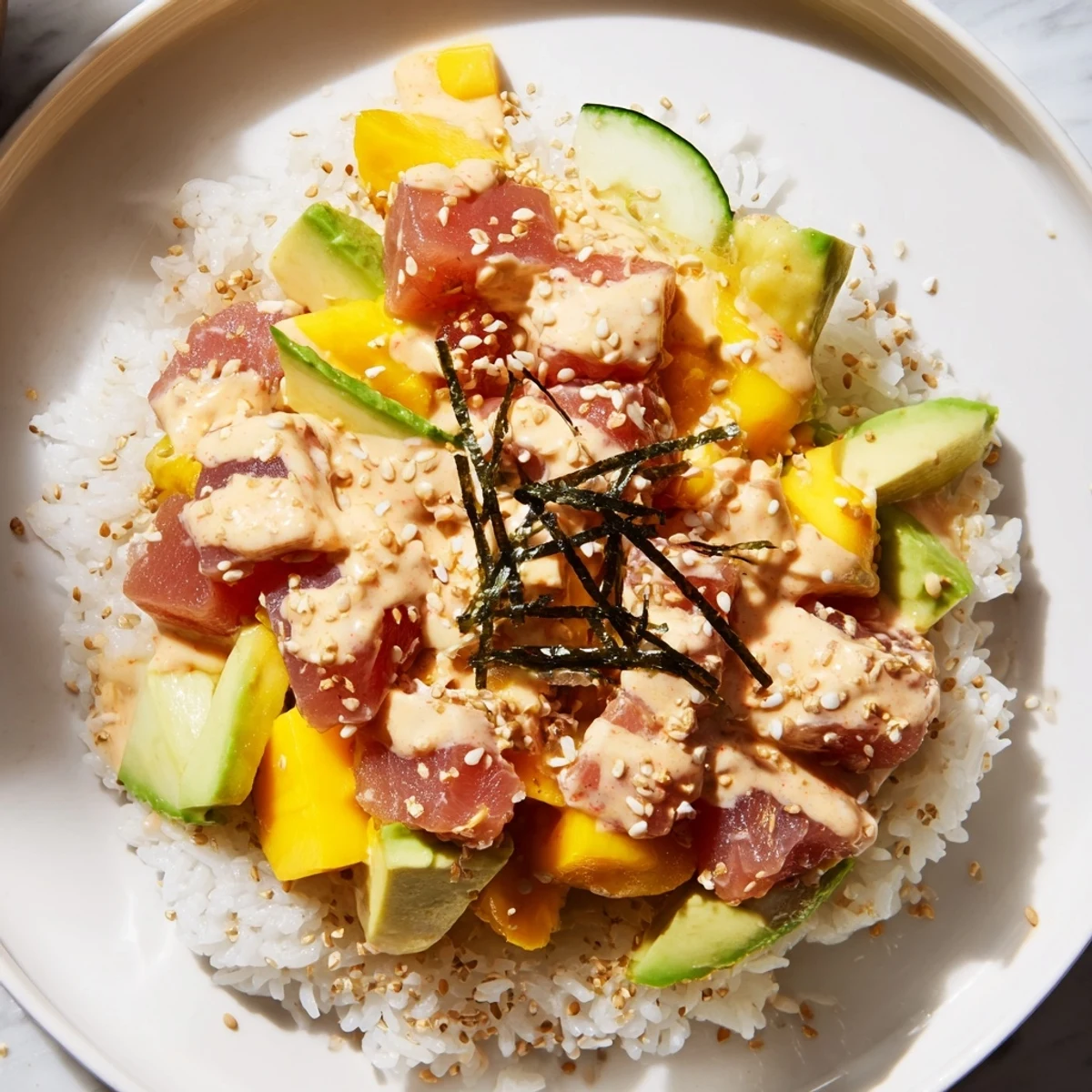 An overhead view of a spicy tuna poke bowl with mango, highlighting fresh tuna, avocado, and cucumbers beside a bowl of seasoned rice.
