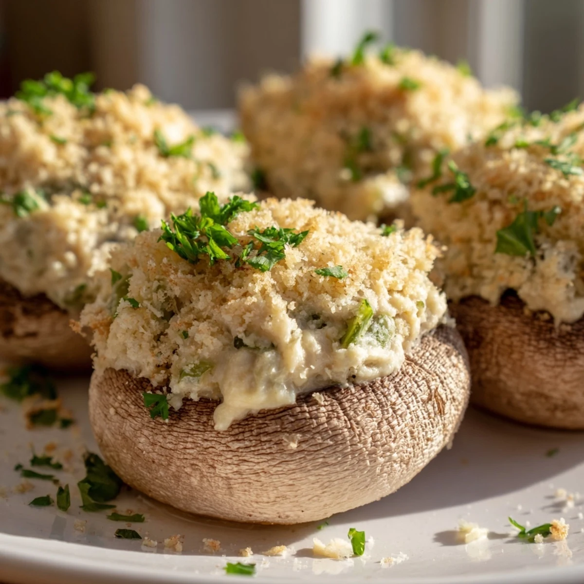 Mozzarella Popper Stuffed Mushrooms served warm with ranch dipping sauce on a rustic wooden table.