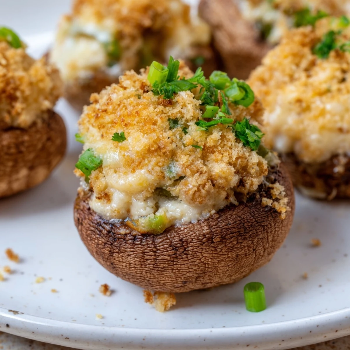 A close-up view of Mozzarella Popper Stuffed Mushrooms topped with buttery breadcrumbs and fresh parsley garnish.